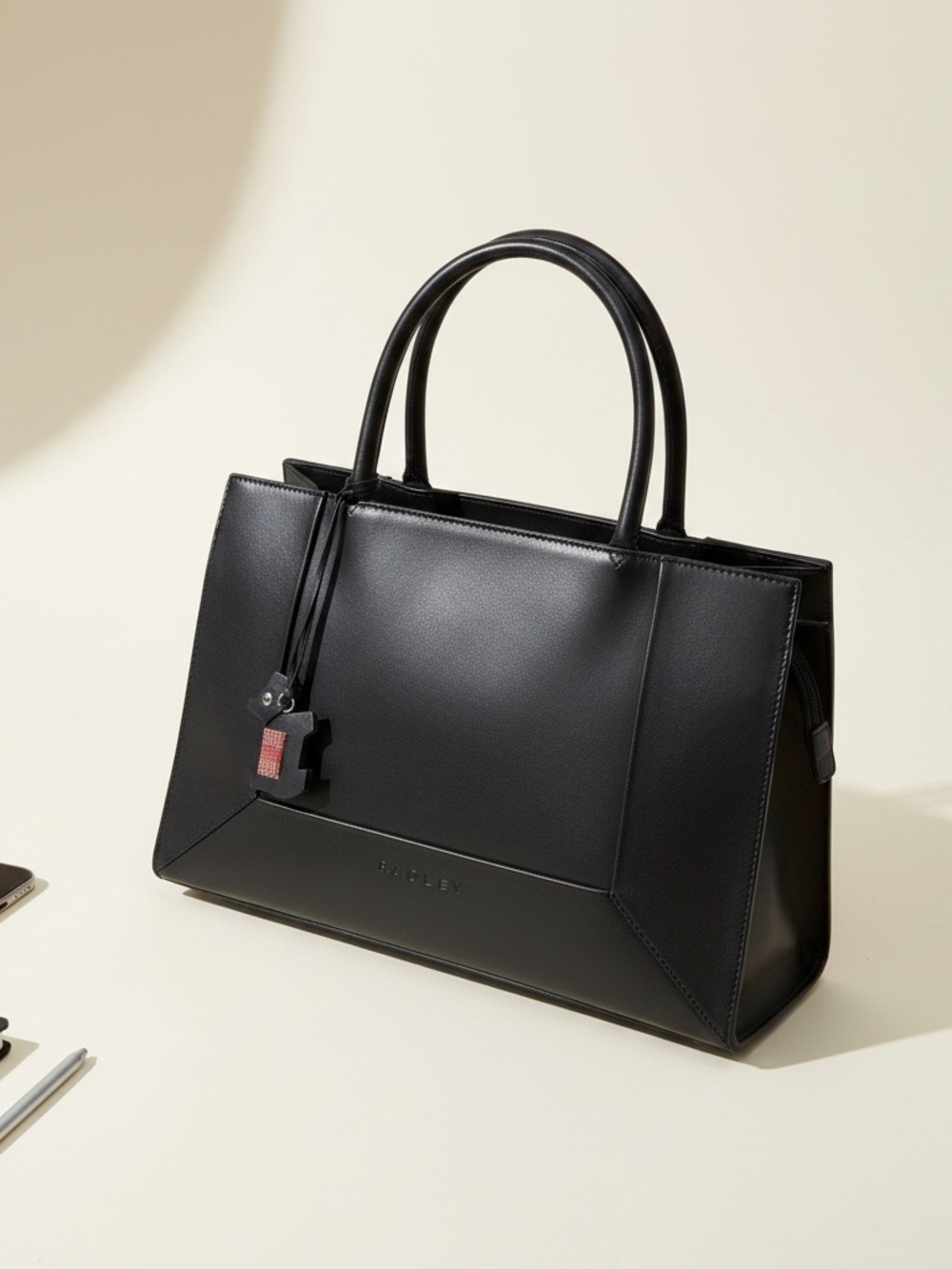 RADLEY LONDON Black Leather Structured Top-Handle Tote with Scotty Charm